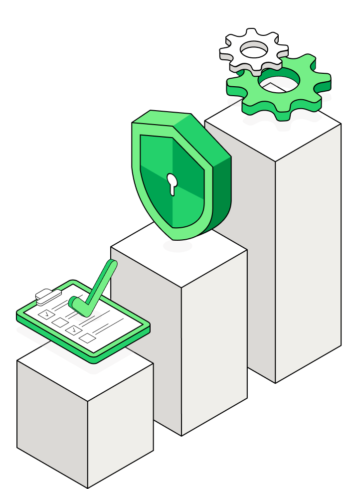 The illustration shows three pillars symbolizing the key functionalities of modern DXP. On one pillar is a shield with a padlock, representing security and data management. The second shows the cogs, symbolizing modular architecture and integrations. On the third is a checklist with a box, suggesting automation and content management. DXP features within a single system - Composable Commerce allows integration with order processing, marketing automation or headless commerce.