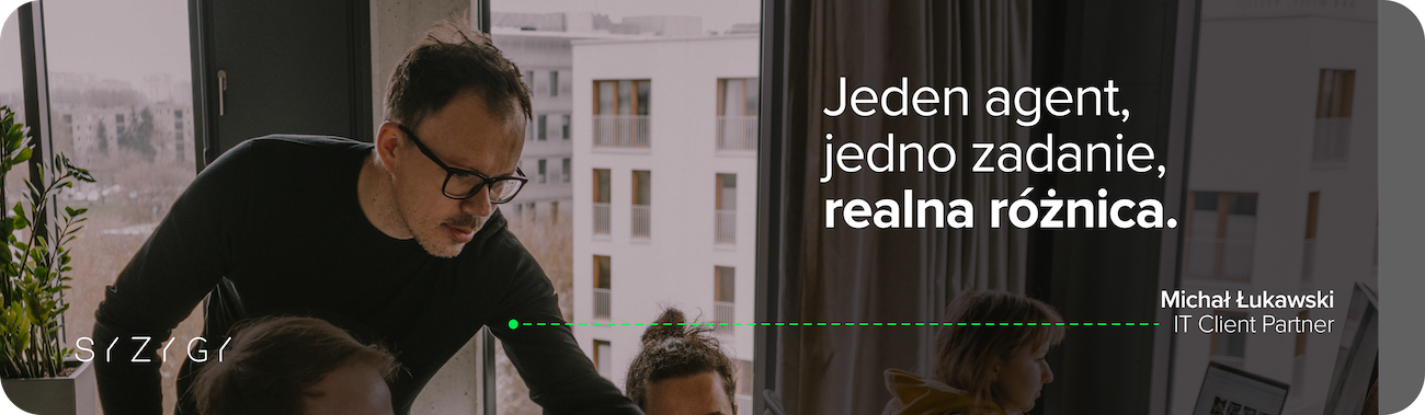 Zdjęcie zespołu projektowego w biurze, z mężczyzną wskazującym ekran i cytatem „Jeden agent, jedno zadanie, realna różnica” – wizualna metafora wdrożenia agenta AI do konkretnych zadań w digital marketingu. Ilustracja odnosi się do wykorzystania sztucznej inteligencji i narzędzi AI w automatyzacji procesów, analizie danych, content marketingu i optymalizacji kampanii w czasie rzeczywistym. Pokazuje kontekst strategii marketingowej opartej na machine learning, przetwarzaniu języka naturalnego i personalizacji komunikacji, wspierając zespoły marketingowe w podejmowaniu decyzji i tworzeniu angażujących treści.
