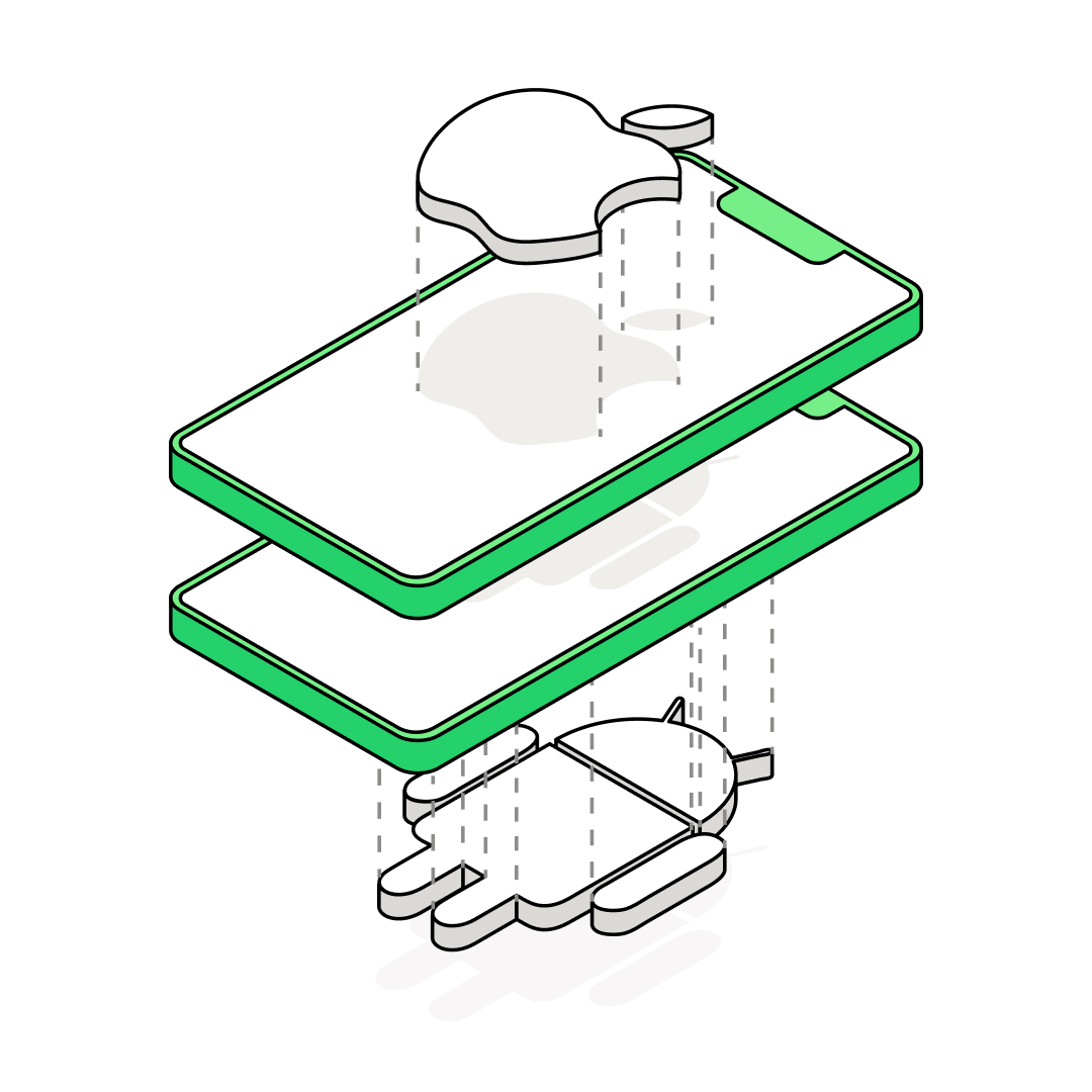 Ilustracja przedstawiająca warstwy aplikacji mobilnej, symbolizujące systemy operacyjne Android i iOS. Grafika ukazuje specyfikę aplikacji natywnych, które są projektowane z myślą o konkretnym systemie operacyjnym, zapewniając najwyższą wydajność, dostęp do funkcji urządzenia i najlepsze doświadczenia użytkownika (UX).