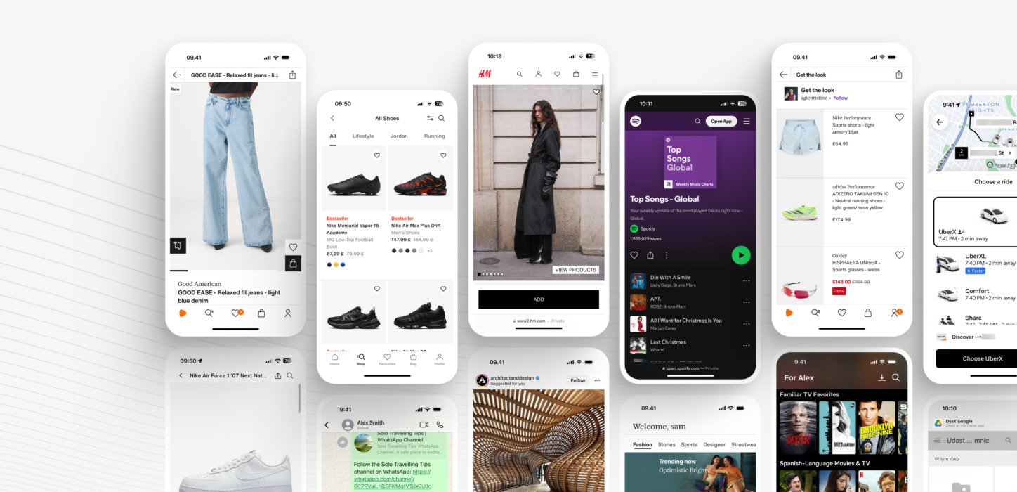 Zestaw ekranów aplikacji mobilnych ilustrujący różne typy aplikacji: natywne, hybrydowe i webowe. Przykłady obejmują aplikacje zakupowe, takie jak H&M i Nike, streamingowe, jak Spotify, oraz transportowe, jak Uber. Grafika ukazuje różnorodność funkcji i doświadczeń użytkownika (UX) oferowanych przez aplikacje mobilne na różnych platformach, od urządzeń przenośnych po systemy operacyjne iOS i Android.