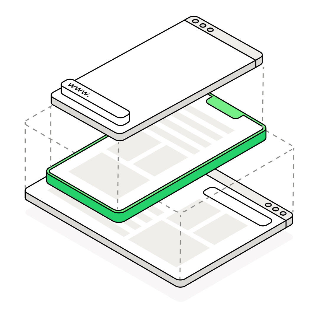 An illustration of the layered structure of a mobile application, showing the construction of a web-based application (PWA) with interface and website elements. The graphic illustrates the use of web technologies in the development of mobile applications that work via a web browser and offer a consistent user experience across different mobile devices.