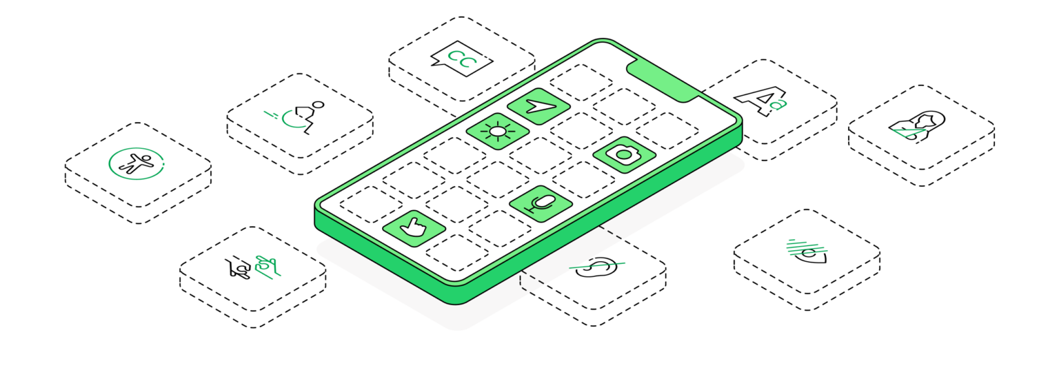 Mobile app accessibility - Illustration showing a smartphone with icons symbolising digital accessibility such as enlarged buttons, text scaling options and icons for assistive technologies such as screen readers. The image highlights the importance of mobile app accessibility for all users, including those with disabilities, and emphasises the importance of inclusive design in the digital world, increasing reach and improving user experience.