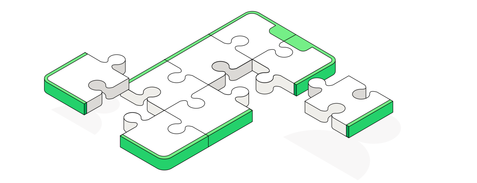 Diagram composed of a jigsaw puzzle in the shape of a mobile phone. The illustration symbolises the analysis of past experience in the RFP process, the division of roles in the project and the writing of requirements for the future implementation of the mobile application.