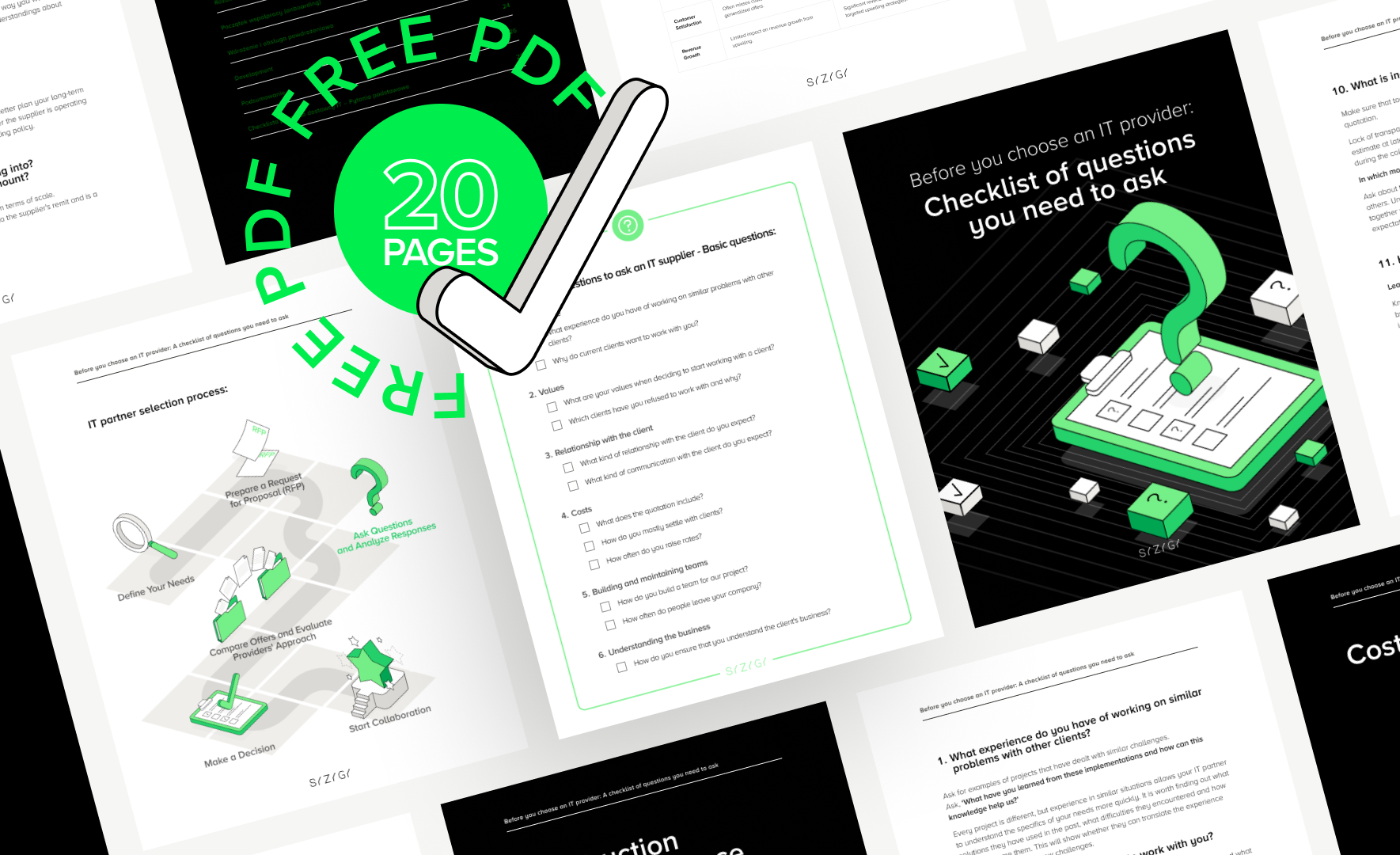 PDF table of contents with key topics such as values, building teams, costs, onboarding and understanding the business in a clear visual layout.