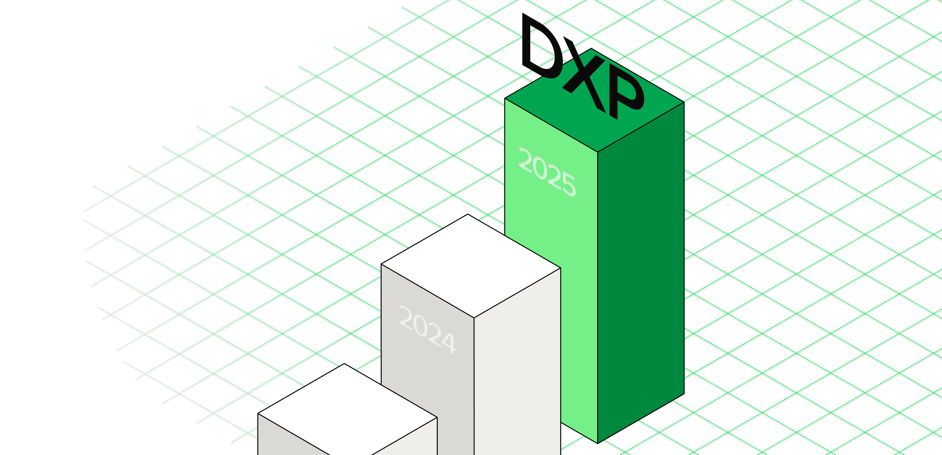 Ilustracja przedstawiająca wykres słupkowy na siatce 3D, gdzie najwyższy słupek oznaczony jest skrótem ‘DXP’. Symbolizuje rosnące znaczenie Digital Experience Platforms (DXP) na rynku technologii cyfrowych. Rynek Digital Experience Platform (DXP) przyspiesza wraz z postępem technologicznym - Raport Magic Quadrant for Digital Experience Platforms 2025 od Gartnera