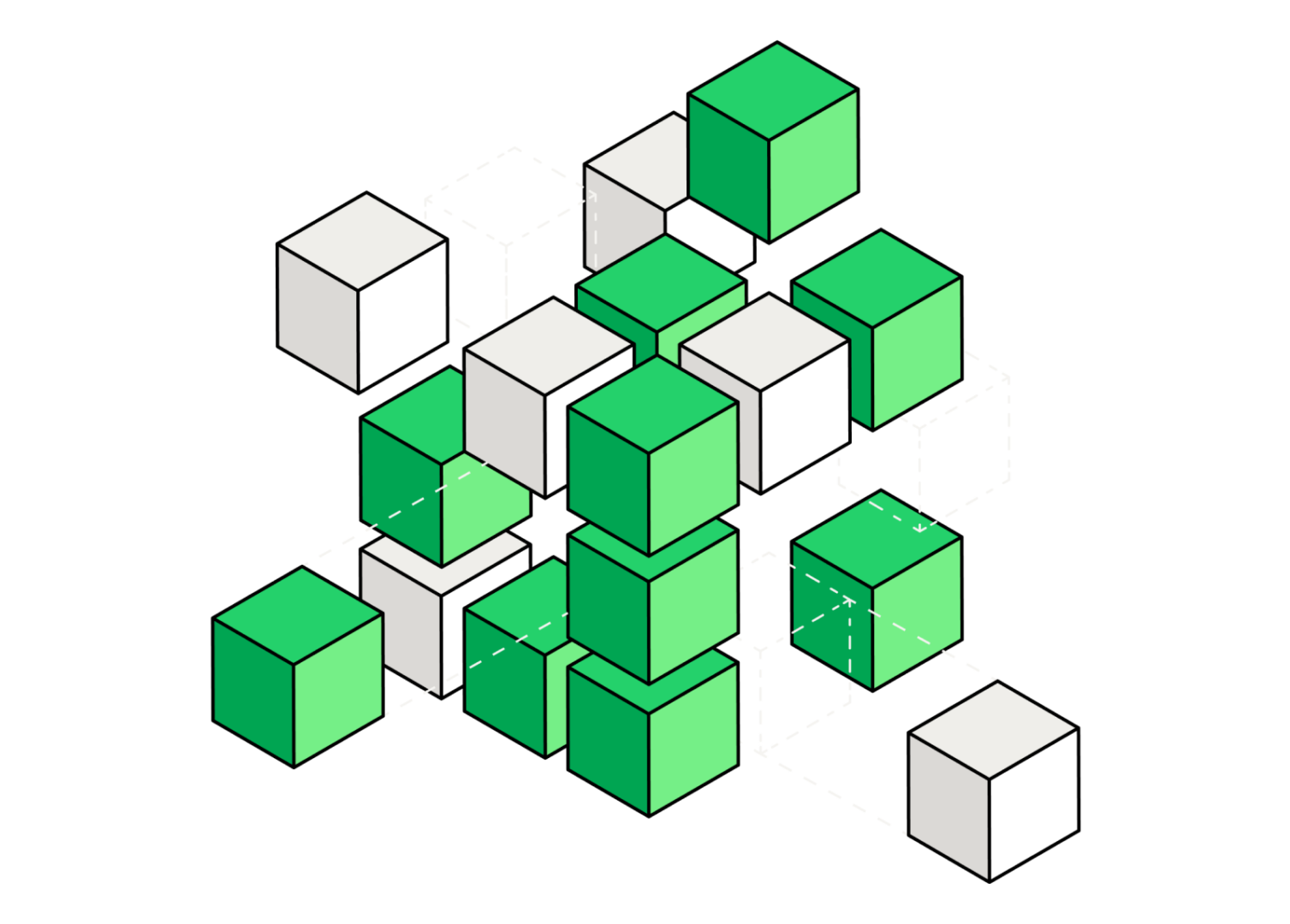 An illustration of green and white blocks arranged in a structure symbolizing the process of building and maintaining teams in IT projects. The graphic alludes to the elements of team management, such as proper matching of skills, collaboration, and coordination of work in complex technology projects. It emphasizes the importance of a well-organized team in achieving business goals.