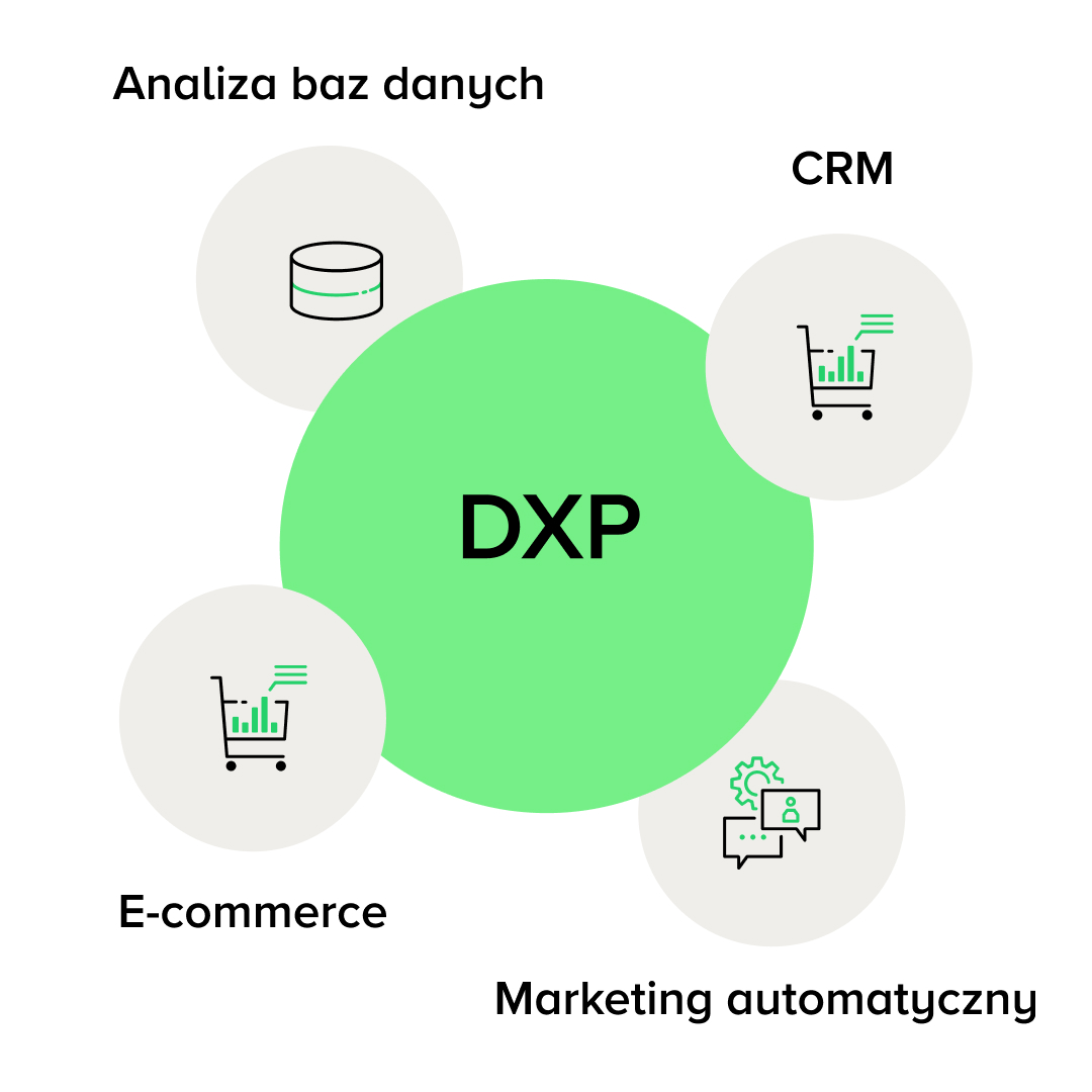 Infografika przedstawiająca platformy DXP (Digital Experience Platform) w centrum z czterema kluczowymi elementami wokół: analiza baz danych, CRM, e-commerce i marketing automatyczny (np. dynamicznym generowaniem treści). Każdy z elementów połączony jest z platforma DXP, ilustrując zintegrowane zarządzanie różnymi aspektami cyfrowego doświadczenia użytkownika. Infografika DXP (Digital Experience Platform): • DXP idzie o krok dalej, oferując kompleksową integrację wszystkich aspektów cyfrowych doświadczeń: analitykę baz danych, CRM, e-commerce oraz marketing automatyczny. • Podczas gdy WEM skupia się głównie na zarządzaniu kanałami i personalizacją, DXP oferuje bardziej holistyczne podejście, integrując zaawansowane narzędzia analityczne i marketingowe, co pozwala na budowanie spójnych i efektywnych strategii cyfrowych. • DXP obejmuje więcej obszarów niż WEM, zapewniając lepsze zrozumienie klientów oraz większe możliwości personalizacji i automatyzacji działań.