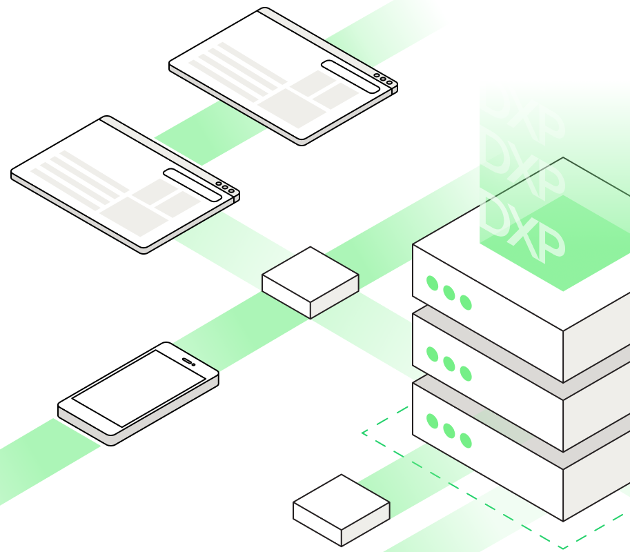 “DXP – platforma cyfrowych doświadczeń” – Ilustracja przedstawiająca Digital Experience Platform (DXP) jako złożony ekosystem łączący treści, dane i różne kanały komunikacji. DXP umożliwia personalizację, wielokanałowe publikowanie oraz integrację z systemami e-commerce, CRM i marketing automation.