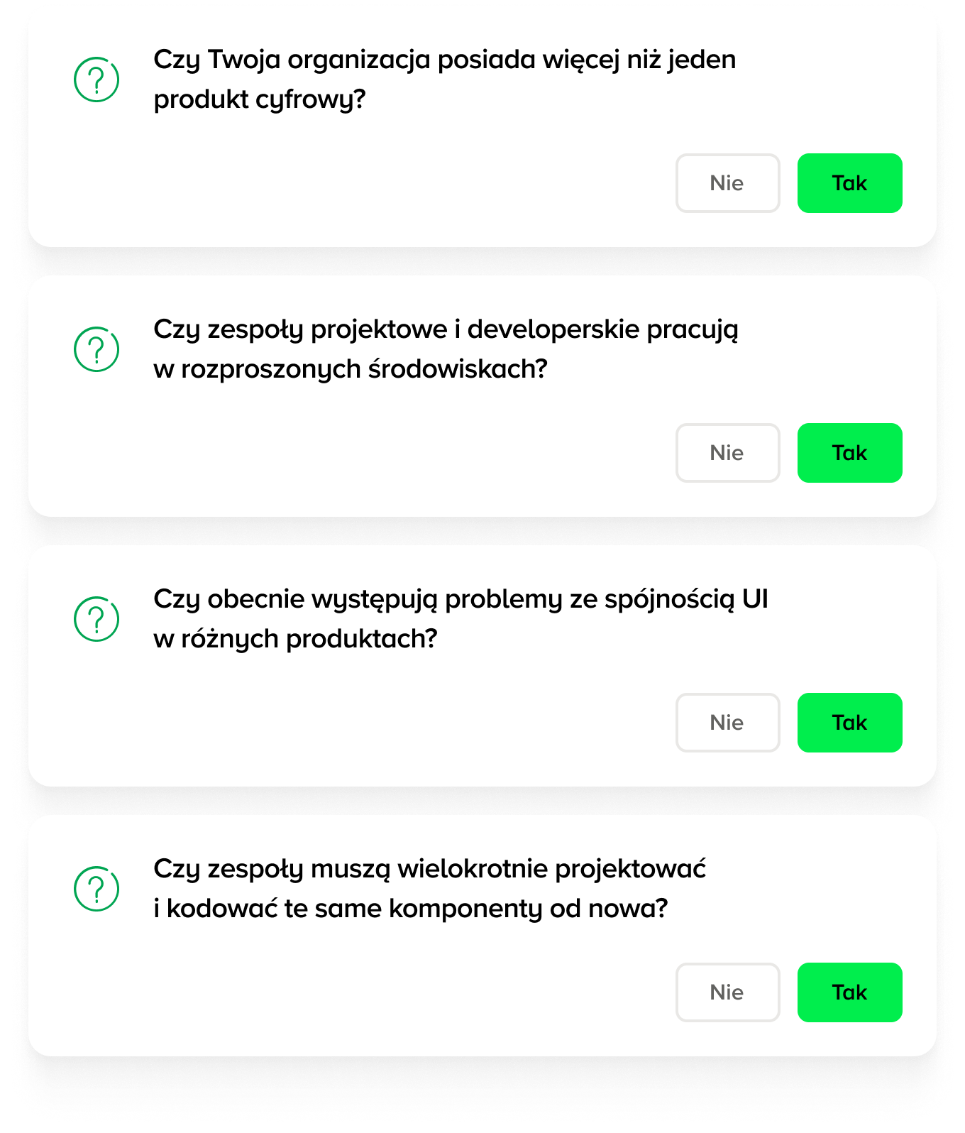 nteraktywna sekcja pytań typu ‘Tak/Nie’ dotycząca wyzwań przy wdrażaniu Design Systemu: 1. Czy Twoja organizacja posiada więcej niż jeden produkt cyfrowy? 2. Czy zespoły projektowe i developerskie pracują w rozproszonych środowiskach? 3. Czy obecnie występują problemy ze spójnością UI w różnych produktach? 4. Czy zespoły muszą wielokrotnie projektować i kodować te same komponenty od nowa?