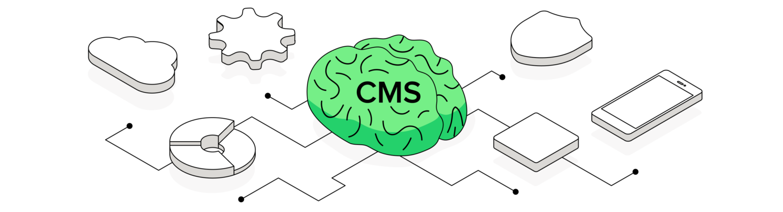 Ilustracja przedstawiająca centralną rolę systemu CMS w zarządzaniu treściami, połączonego z elementami takimi jak chmura, urządzenia mobilne i zaawansowane narzędzia analityczne. CMS jako kluczowy element w optymalizacji procesu tworzenia i zarządzania contentem.