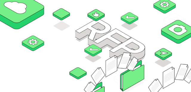 The illustration shows a large ‘RFP’ with floating documents coming out of green folders, symbolising the IT request for proposal process. In the background, green icons can be seen representing various technological aspects such as cloud, setup, microphone and approval, highlighting the importance of a well-prepared RFP in the selection of an IT supplier. The minimalist, modern design on a white background gives the illustration legibility and clarity.