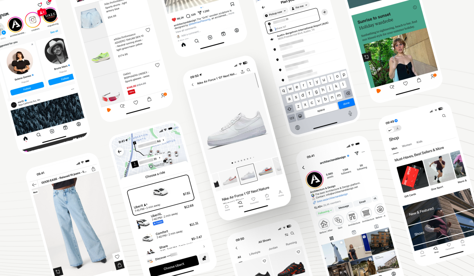 A set of mobile app screens showing examples of hybrid apps such as Instagram, Uber and Nike. The graphics show the variety of functions, from online shopping to travel planning, that can be achieved through hybrid mobile apps. Hybrid apps enable cross-platform, combining the benefits of native and web technologies to provide a consistent user experience across mobile devices.