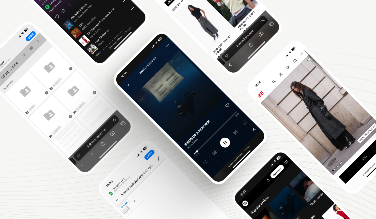 Examples of mobile apps such as Spotify, H&M and Google Drive, demonstrating the use of native, hybrid and web apps. Graphics showcase different types of mobile apps on mobile devices, highlighting their benefits, functionality and impact on user experience. Ideal solutions for different operating systems, such as iOS and Android, and web technologies.