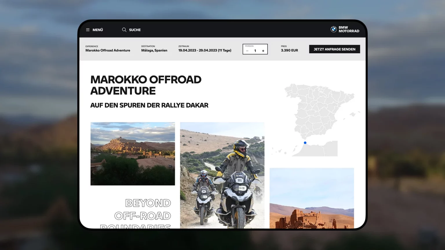 Strona doświadczenia na platformie BMW Motorrad Fuel for Life umożliwiająca przeglądanie i wybór wypraw motocyklowych wraz z informacjami o lokalizacji, terminie i rezerwacji.