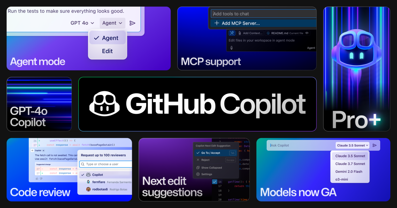 Vibe coding w GitHub Copilot: Agent mode. Trzy humanoidalne postacie symbolizujące systemy multi-agentowe, stojące obok siebie na białym tle, każda z neonowozielonym oznaczeniem „AI”. Ilustracja przedstawia, jak agenci AI współpracują przy realizacji złożonych procesów – od analizy danych po podejmowanie decyzji w czasie rzeczywistym. Obraz odzwierciedla zastosowania agentów AI w różnych branżach, gdzie wirtualni asystenci, oparci na sieciach neuronowych i uczeniu maszynowym, uczą się na podstawie wzorców, integrują dane wejściowe z wielu źródeł i automatyzują wykonywanie zadań bez interwencji człowieka. Tego typu inteligentni agenci rewolucjonizują obsługę klienta, wspierając organizacje w rozwiązywaniu problemów i optymalizacji przepływów pracy.