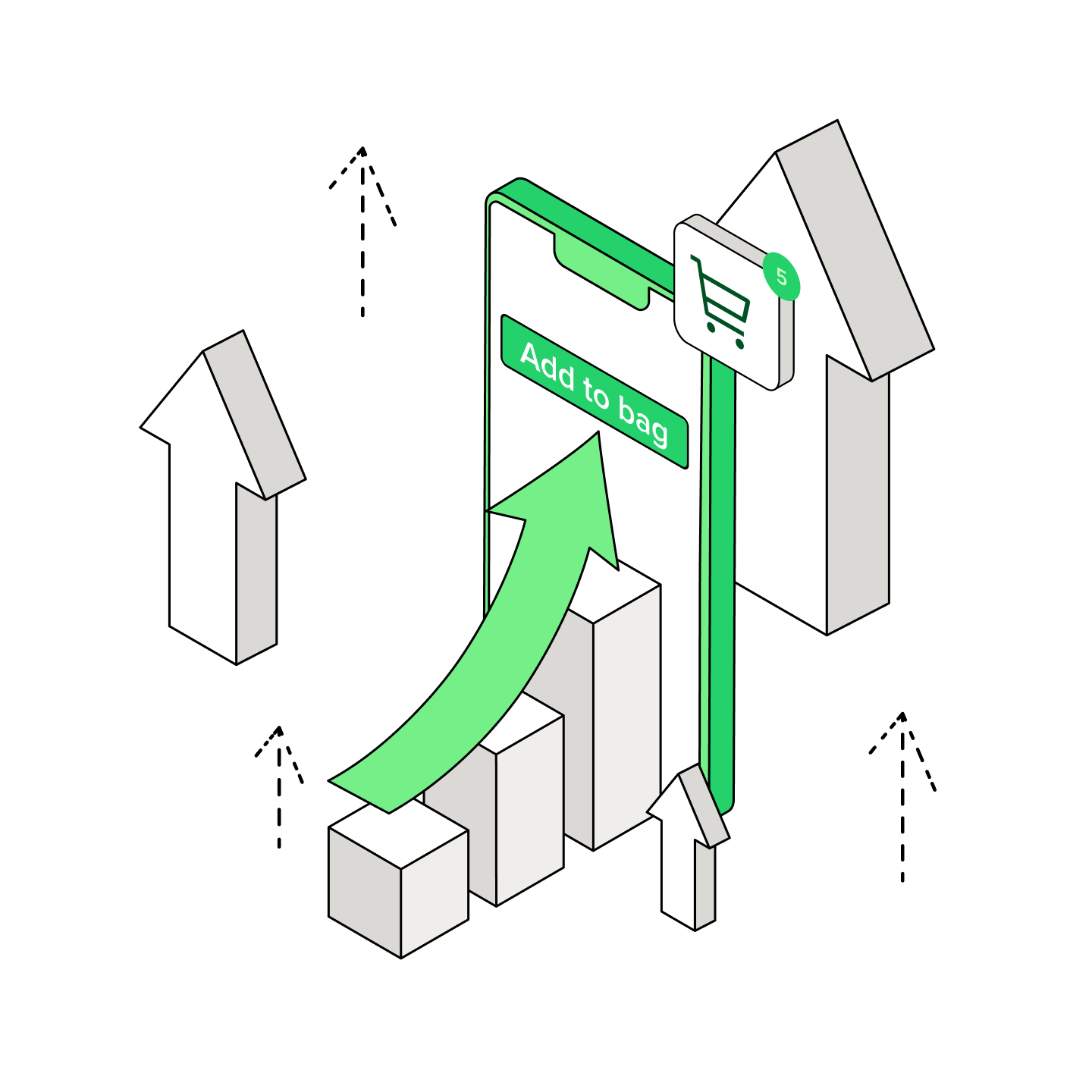 The illustration shows a smartphone at the technical schematic level – its interior consists of an integrated system of symbolic connections: cogwheels (synchronization), data arrows (API), a thermometer and radar (scalability), lines connecting the smartphone with ERP, CRM, warehouse, and payment icons. The graphic metaphorically shows technological progress in the area of m-commerce, where today's customers expect instant action and the ability to perform transactions using 