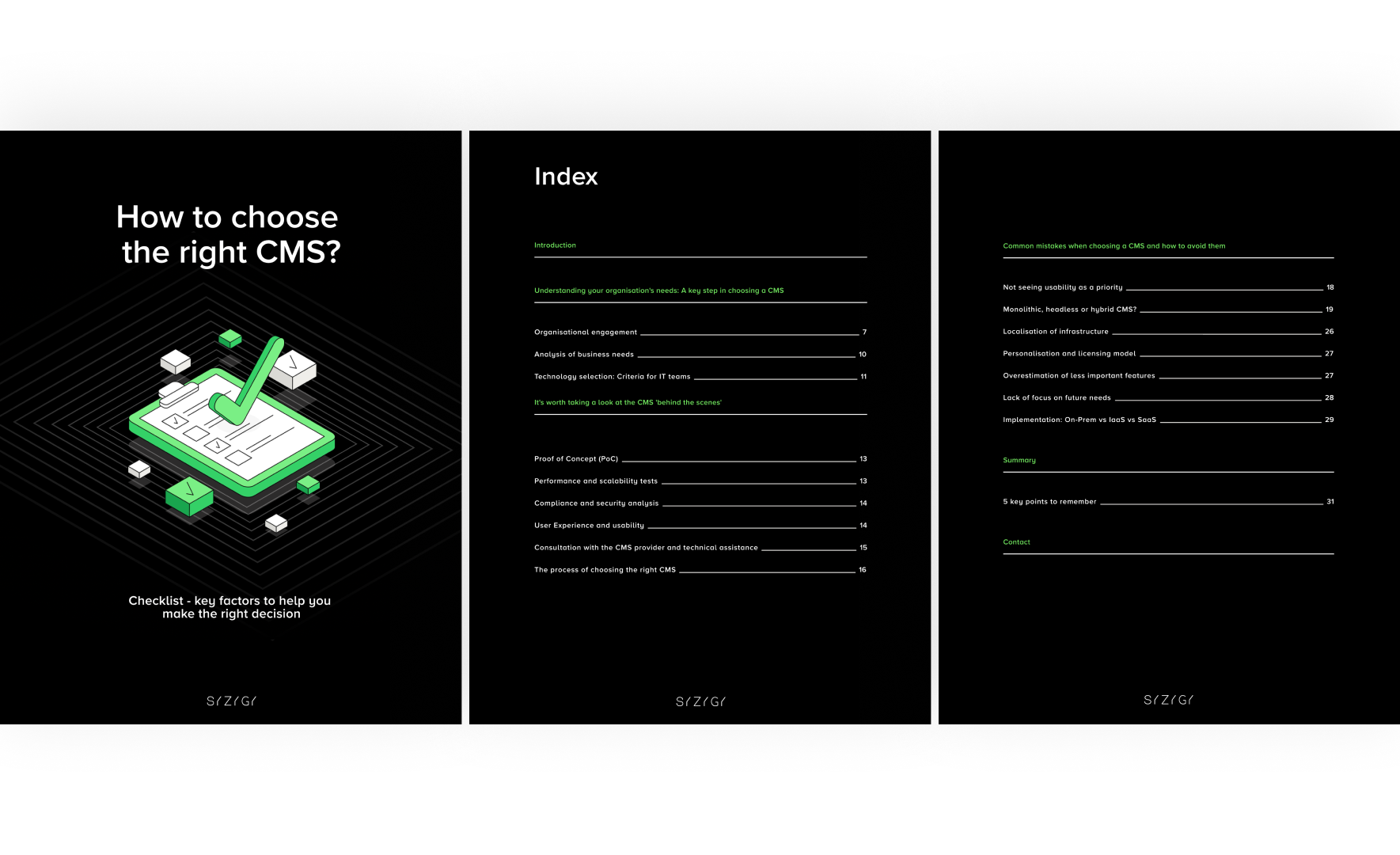 View of the e-book ‘How to choose the best CMS for you?’ - cover and table of contents, which covers key topics such as analysing your organisation's needs, technology selection, Proof of Concept, performance testing, and mistakes when choosing a CMS and how to avoid them.