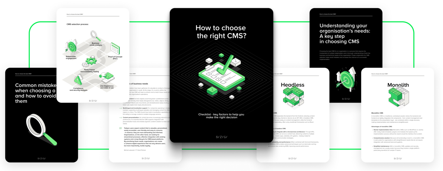 Sample pages from the e-book ‘How do you choose the best CMS for you?’ - a guide with key CMS selection factors, checklists, an analysis of an organisation's needs and an overview of systems such as monolith, headless and hybrid CMS.