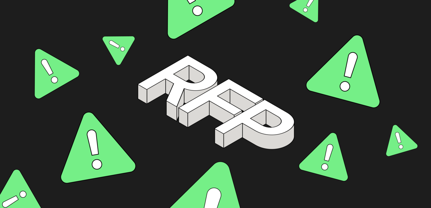 RFP lettering surrounded by warning icons, symbolizing errors in the description of the subject of the contract and imposed templates in procurement processes.