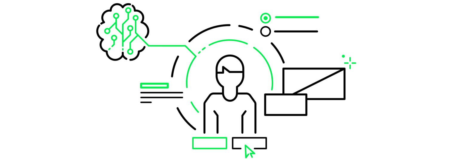 A graphic depicting a central user surrounded by processes supported by AI tools, such as big data analytics, customer segmentation and marketing automation. The illustration shows how artificial intelligence in marketing can support the creation of content, personalisation of communications and optimisation of advertisements to achieve better results and deliver personalised experiences to audiences.
