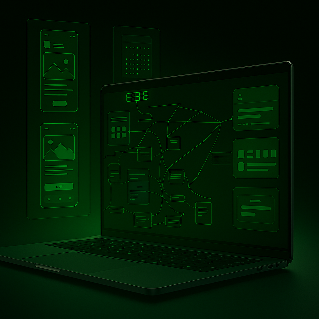 Laptop z wyświetlonym diagramem przepływu danych i interfejsami użytkownika, symbolizujący architekturę systemów opartych na sztucznej inteligencji. Ekran prezentuje złożone połączenia między modułami, nawiązując do działania systemów Retrieval-Augmented Generation (RAG), wyszukiwania informacji i generowania dokładnych odpowiedzi w oparciu o aktualne dane z baz wiedzy. Obok laptopa widoczne są szkice aplikacji mobilnych, sugerujące integrację z interfejsem użytkownika i dopasowanie do danej domeny.