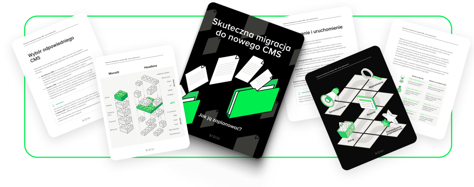 Grafika promująca e-book ‘Skuteczna migracja do nowego CMS – Jak ją zaplanować?’ na środku. Po bokach rozłożone są strony z e-booka, przedstawiające różne etapy migracji, w tym wybór odpowiedniego CMS, schemat monolitu i headless oraz kroki procesu migracji. Strony zawierają ilustracje i wykresy w kolorach zielonym, białym i czarnym.