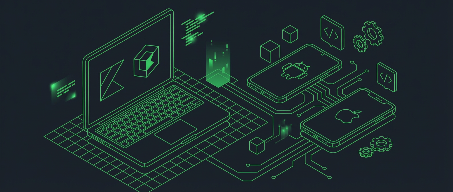 Neon green isometric illustration on a dark background, depicting a laptop with a Kotlin-like symbol connected by circuit lines to both an Android smartphone and an iOS smartphone. Abstract elements such as code blocks, data cubes, and gears float around the devices, symbolizing shared logic, cross-platform development, and the integration required for building applications for various mobile operating systems.