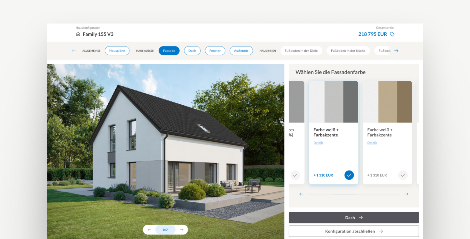 Product configurator - Danwood houses from the Family line presenting a model of the house in a 360-degree 3D view. The screen shows a modern single-family house with a white façade, black roof and large windows. On the right, a configuration panel allows you to choose the colour of the façade from the available options and other finishes. The total price of the configuration is displayed at the top. There is a green garden in the background, which emphasises the modern and ecological character of the project.