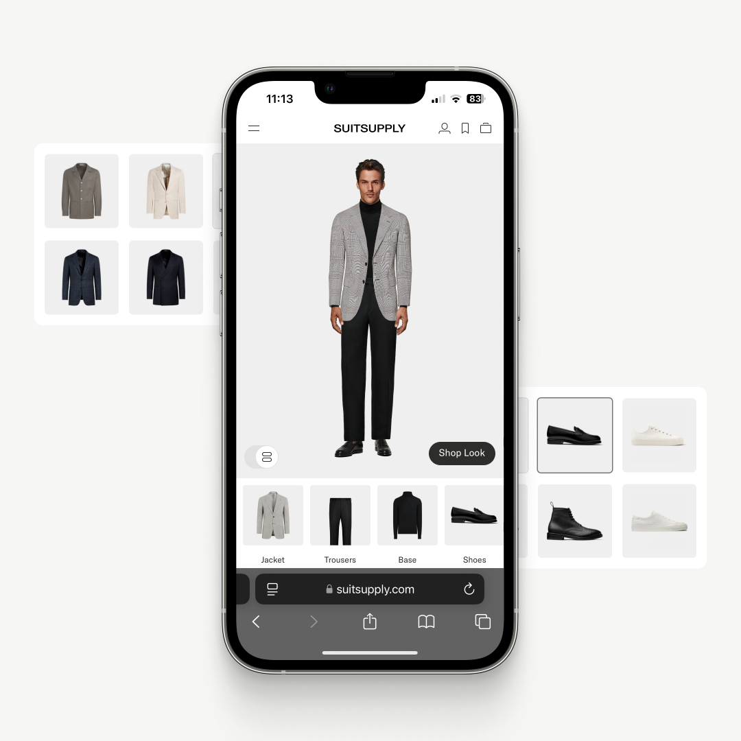 Suitsupply's mobile configurator on a smartphone screen, showing the model in a styled set with jacket, trousers and shoes. Below you can see the options for selecting individual garments such as blazers, trousers and shoes.