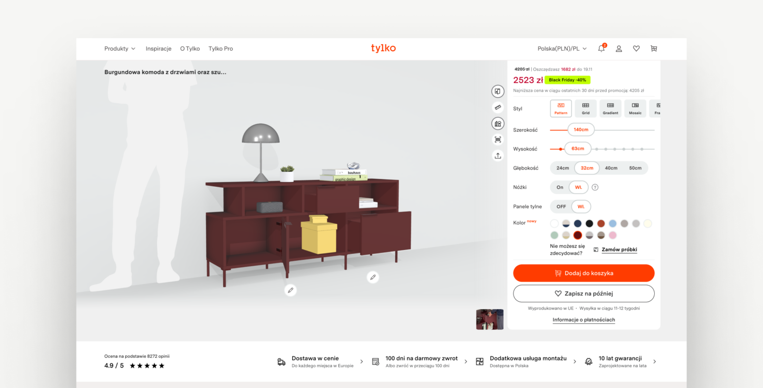 Konfigurator mebli online, pokazujący spersonalizowaną komodę z możliwością dostosowania wymiarów, kolorów i innych parametrów. Ilustracja prezentuje dynamiczne doświadczenia użytkownika dzięki integracji CMS i systemu PIM (Product Information Management), co pozwala na precyzyjne zarządzanie informacjami produktowymi i spersonalizowaną obsługę w sklepie internetowym.