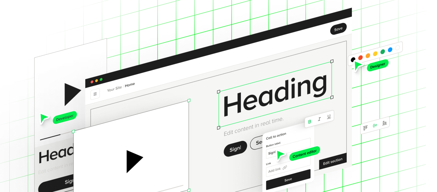 Grafika ilustruje kreator landing page’y, umożliwiający tworzenie stron docelowych za pomocą edytora wizualnego i opcji projektowania takich jak przyciski call to action, dynamiczne elementy graficzne i personalizacja treści. Narzędzie wspiera proces tworzenia stron lądowania, oferując gotowe szablony, łatwą optymalizację mobilną oraz funkcje ułatwiające generowanie leadów. Kreator landing page’y pozwala zaprojektować skuteczny landing page, eliminując konieczność pomocy programisty i wspierając marketing cyfrowy dzięki lepszemu współczynnikowi konwersji oraz testom A/B. Rozwiązanie idealne dla organizacji dążących do stworzenia profesjonalnego landing page’a w krótkim czasie.
