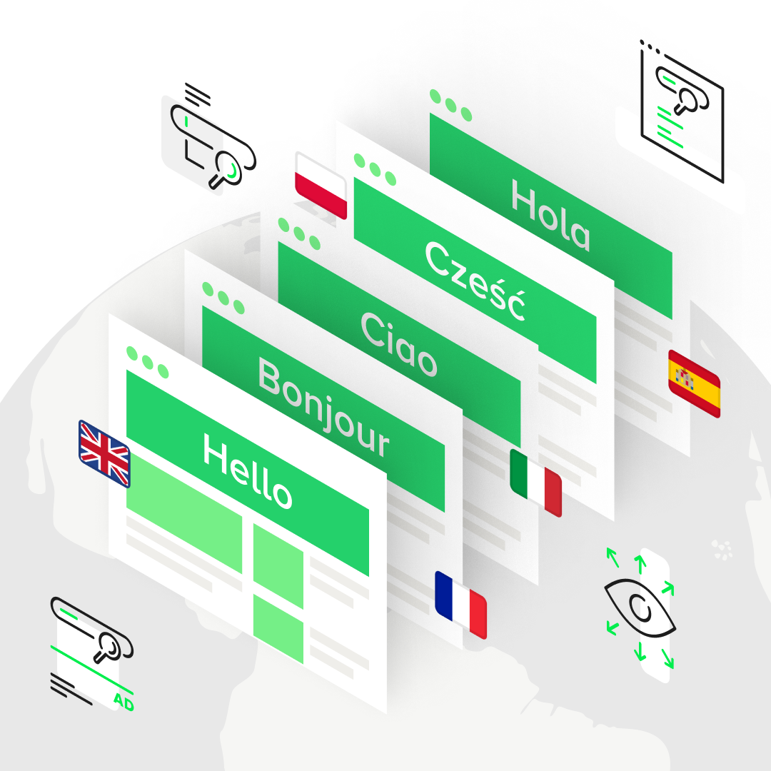 The illustration shows the different language versions of the site: English, French, Italian, Polish and Spanish, symbolising the management of multilingual websites. The graphic shows the potential of a multilingual WordPress site, handling the WordPress navigation menu and adding a language switcher. Such solutions support the addition of multilingual content and the optimisation of each language version.