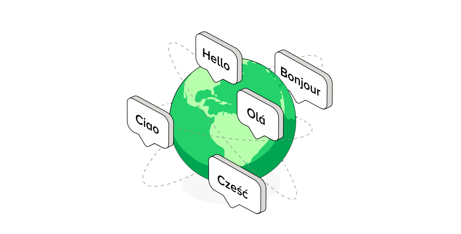 The graphic shows a globe with balloons containing greetings in different languages: Hello, Bonjour, Olá, Ciao, Hi. It symbolises the creation of a multilingual website and the management of language versions of the site. The image alludes to multilingual websites, the use of the language switch and the integration of the multilingual WordPress plugin in global digital communication.