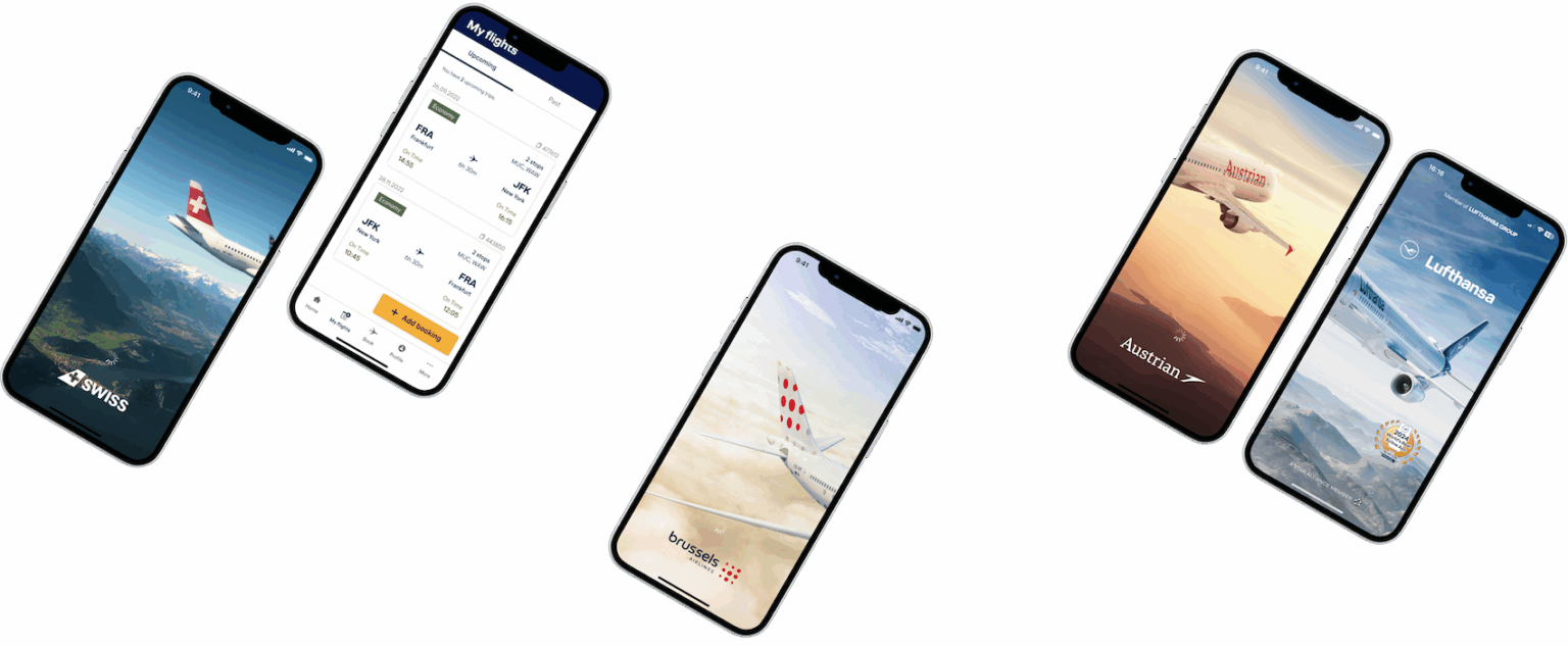 Aplikacje mobilne linii lotniczych z Grupy Lufthansa: ekrany startowe i widoki główne aplikacji Lufthansa, SWISS, Austrian Airlines oraz Brussels Airlines – zaprojektowane w spójnym ekosystemie.
