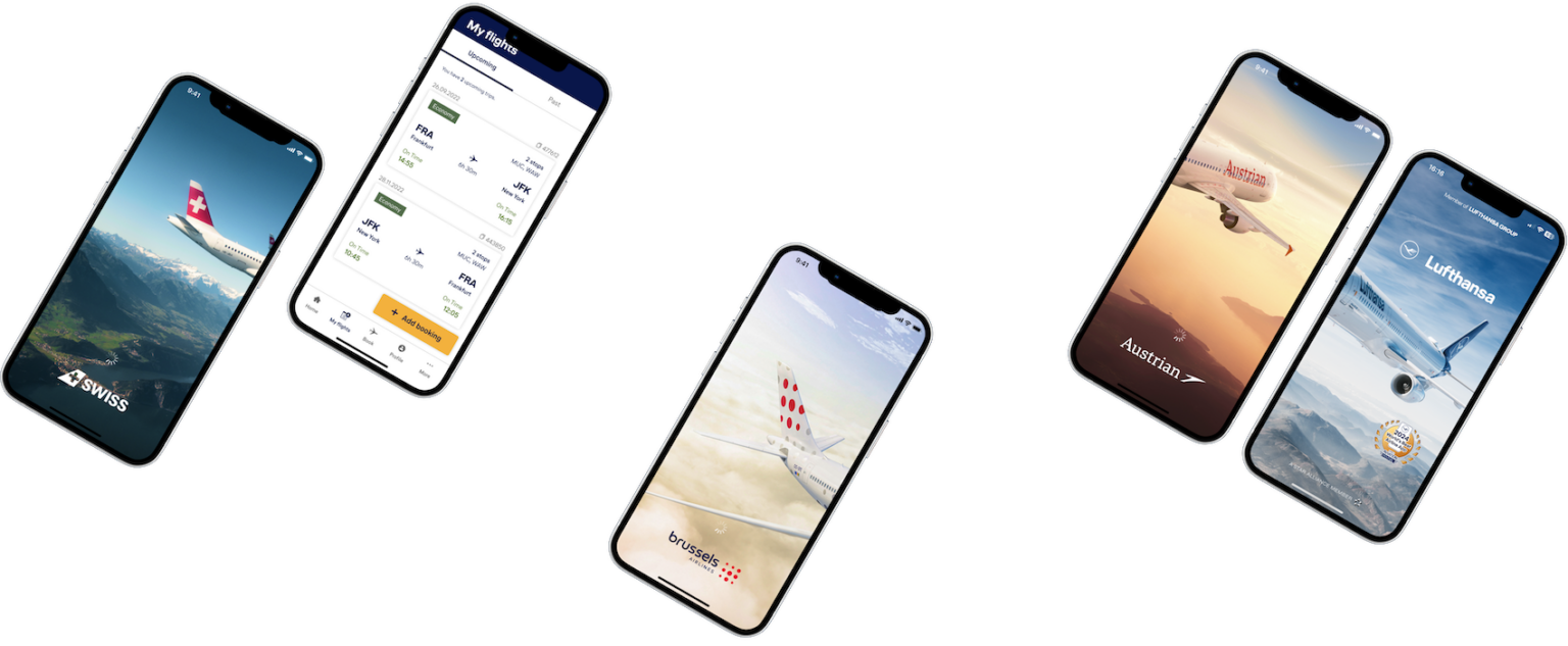 Aplikacje mobilne linii lotniczych z Grupy Lufthansa: ekrany startowe i widoki gĹĂłwne aplikacji Lufthansa, SWISS, Austrian Airlines oraz Brussels Airlines â zaprojektowane w spĂłjnym ekosystemie.