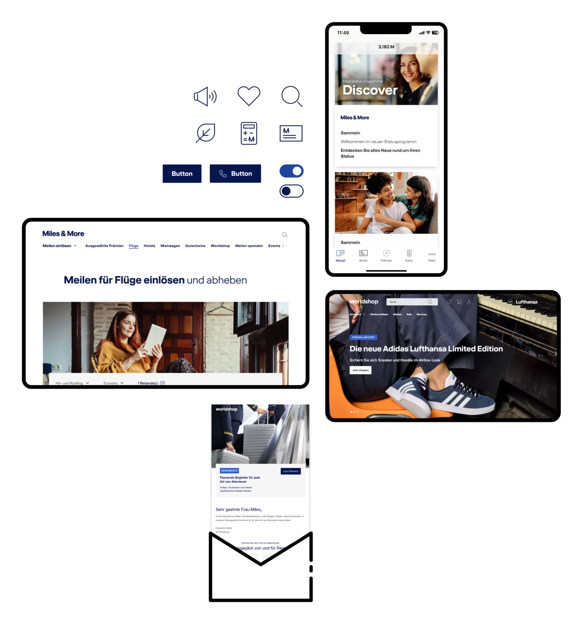 Interfejsy programu lojalnościowego Miles & More dla Grupy Lufthansa: widoki aplikacji mobilnej, strony internetowej, newslettera i sklepu online – prezentujące spójny design i doświadczenie użytkownika.