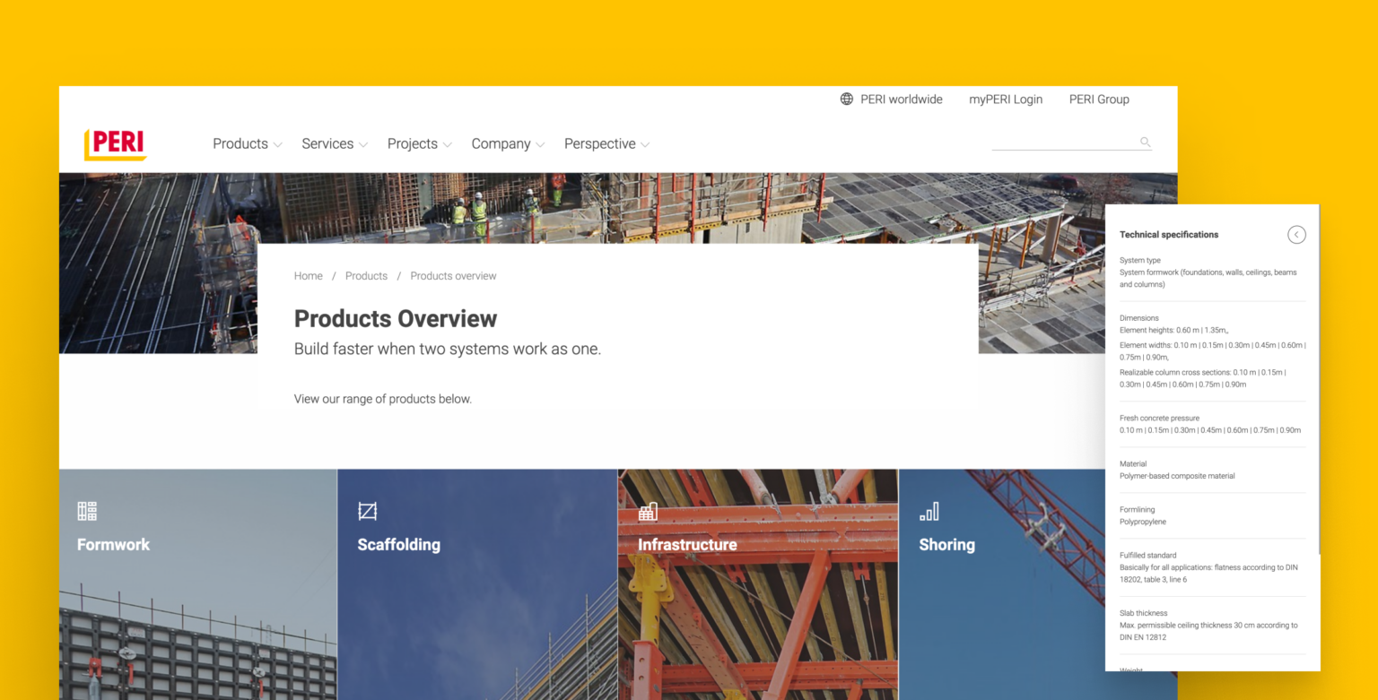 PERI's website, showcasing the Magnolia CMS implementation for technical and product content management. The graphic shows the product overview section, including formwork, scaffolding and infrastructure solutions, along with a technical specifications sheet. The implementation of an enterprise-class CMS enables the company to effectively manage documents, provide content tailored to specific customer needs and integrate with existing business applications. Thanks to the scalability and flexibility of the system, PERI supports large companies in the effective management of technical data and the optimisation of processes.