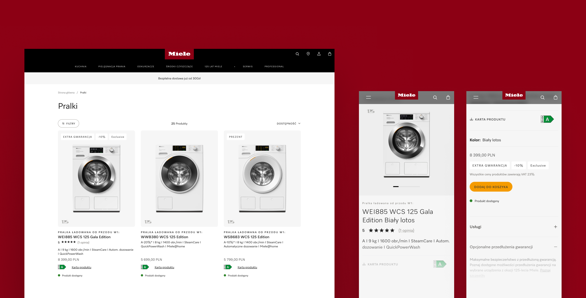 Strona internetowa marki Miele, pokazująca wdrożenie Magnolia CMS w sekcji pralek. Grafika przedstawia widok listy produktów oraz szczegółową kartę produktu, z informacjami o cenach, dostępnych opcjach i funkcjach takich jak QuickPowerWash. Wdrożenie CMS klasy enterprise umożliwia zarządzanie treściami, personalizację doświadczeń użytkowników oraz integrację z innymi systemami, co zapewnia spójność informacji i łatwość dostosowywania treści do specyficznych potrzeb klientów. Rozwiązanie wspiera duże przedsiębiorstwa w skutecznym zarządzaniu wieloma kanałami komunikacji i produktami.