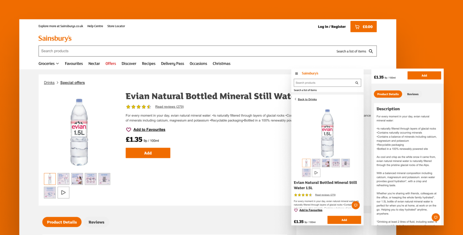 Przykład wdrożenia Magnolia CMS dla e-commerce na stronie internetowej Sainsbury’s, jednej z dużych przedsiębiorstw. Grafika przedstawia szczegóły strony produktu, podkreślając zarządzanie treściami, takie jak opisy produktów, recenzje i oferty specjalne. Dzięki CMS klasy enterprise, Sainsbury’s dostarcza spersonalizowane doświadczenia użytkownikom i efektywnie integruje stronę z innymi systemami, wspierając procesy zarządzania dokumentami, bezpieczeństwo danych i kontrolę dostępu. System ten umożliwia łatwe dostosowanie treści do różnych kanałów, co ma kluczowe znaczenie w dynamicznym środowisku biznesowym.