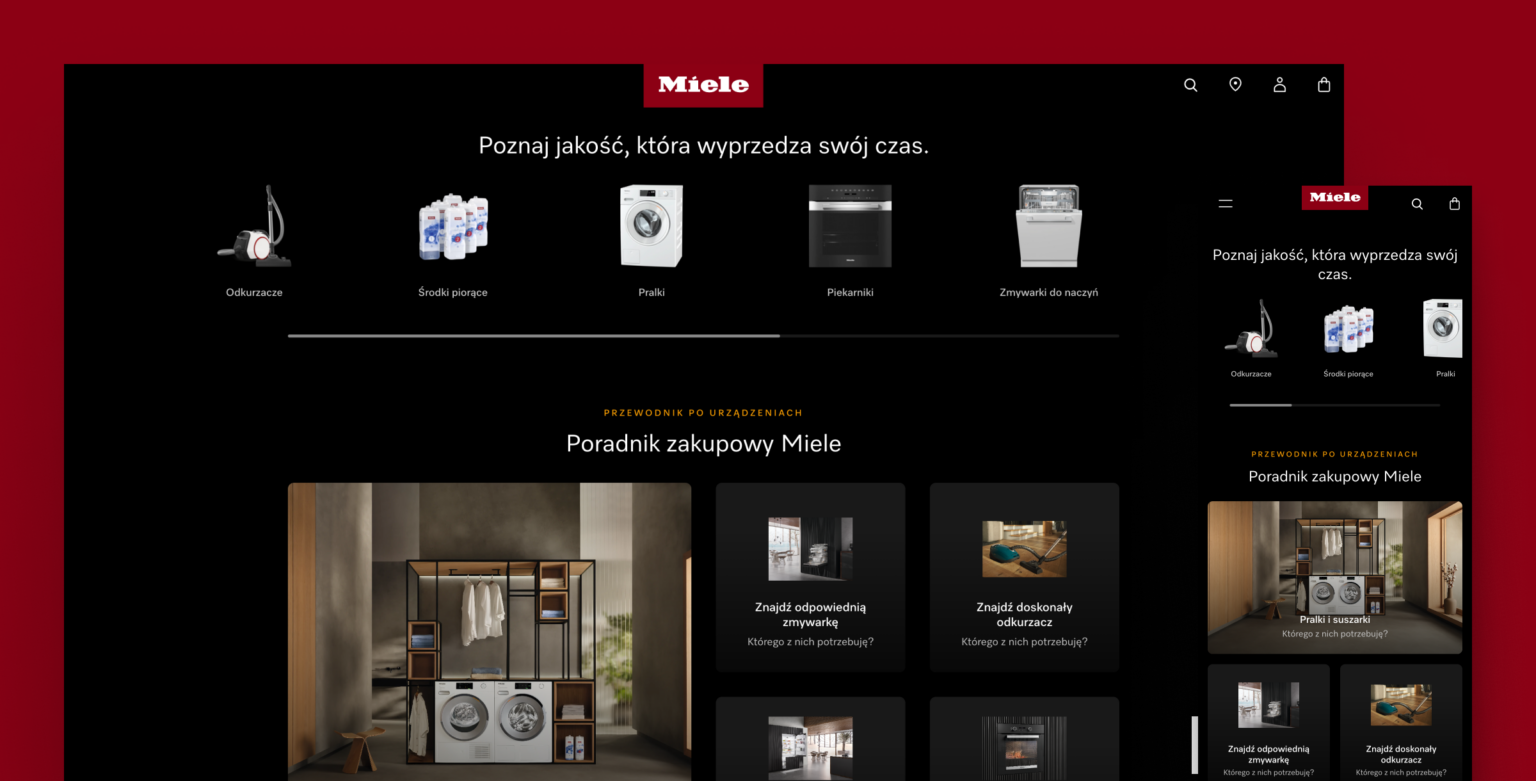 Strona internetowa marki Miele, prezentująca wdrożenie Magnolia CMS dla globalnej platformy korporacyjnej. Grafika ukazuje menu kategorii produktów, takich jak pralki, piekarniki czy zmywarki do naczyń, oraz przewodnik zakupowy z personalizowanymi rekomendacjami. Rozwiązanie to podkreśla, jak CMS klasy enterprise wspiera zarządzanie treściami, dostarczanie spersonalizowanych doświadczeń użytkownikom oraz integrację z innymi systemami. Dzięki elastyczności i skalowalności systemu, Miele zachowuje spójność wizerunku marki, jednocześnie dostosowując treści do specyficznych potrzeb odbiorców na różnych rynkach.
