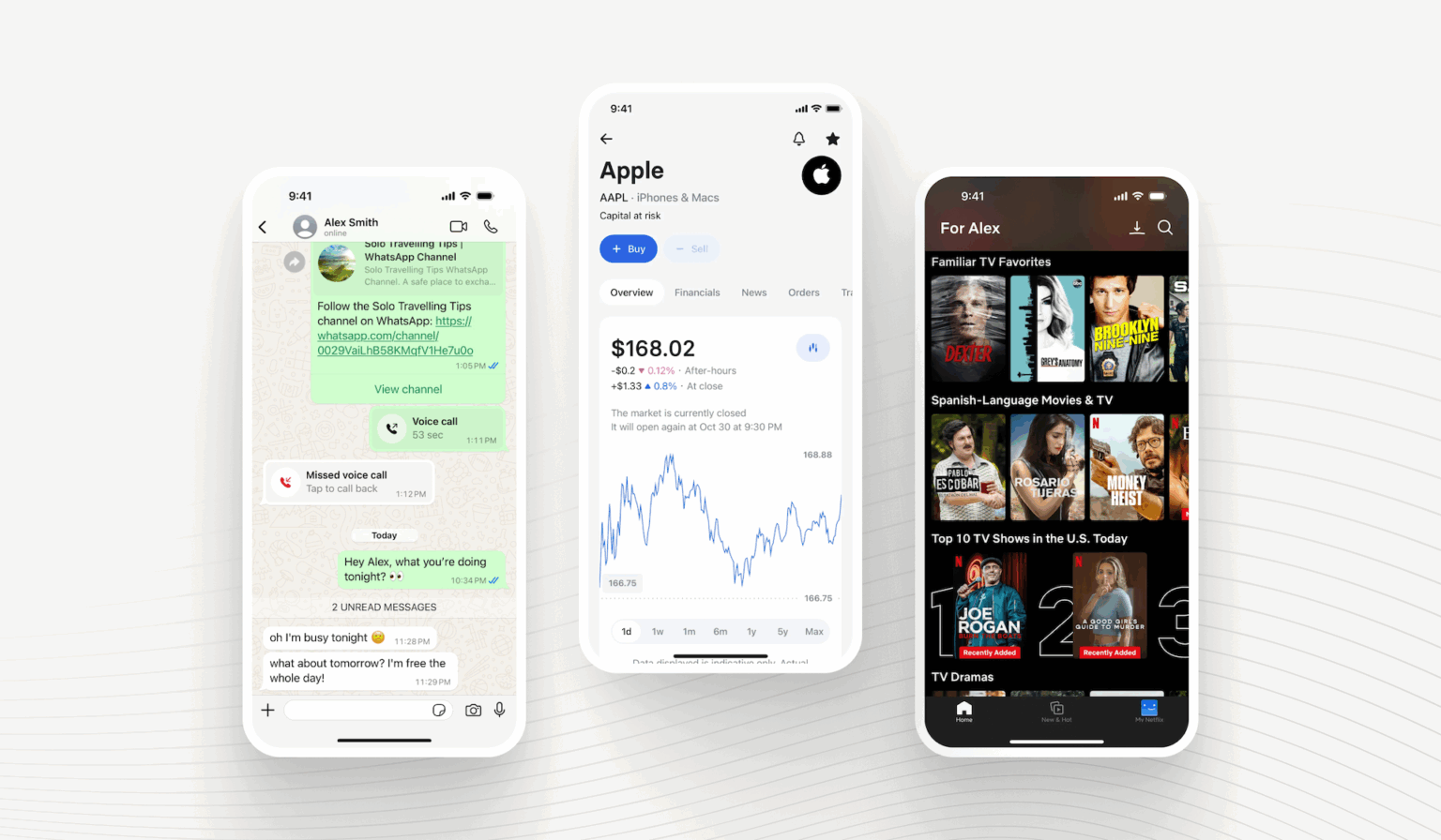 Trzy smartfony prezentujące różnorodne aplikacje mobilne – od komunikatora, przez aplikację finansową z wykresem akcji Apple, po platformę streamingową z rekomendacjami filmów. Obraz ilustruje szeroki zakres funkcjonalności, jakie można rozwijać dla systemów Android i iOS w środowisku enterprise, podkreślając potencjał Kotlin Multiplatform do tworzenia spójnych i wydajnych rozwiązań.