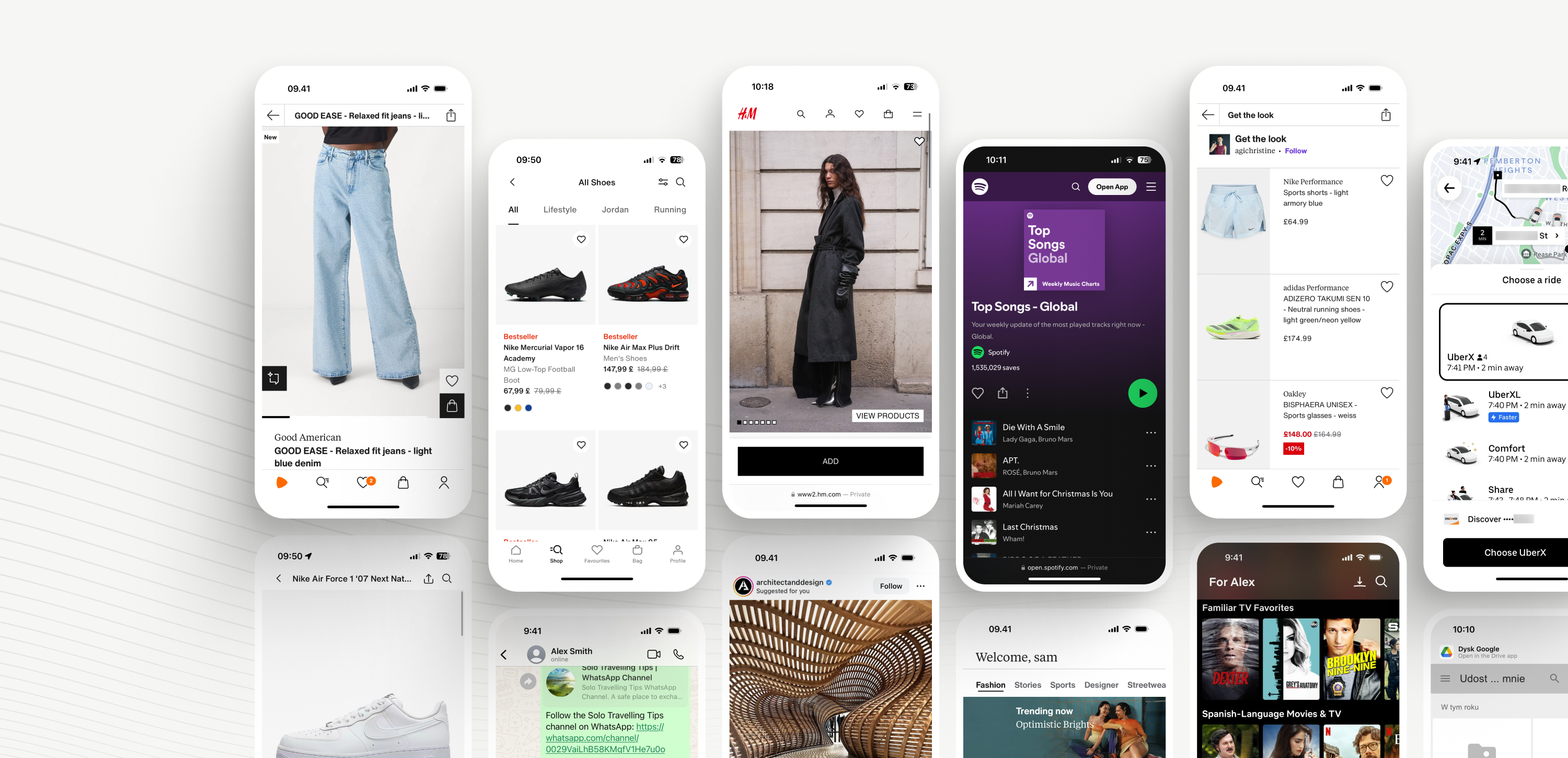 A set of mobile app screens illustrating different types of apps: native, hybrid and web-based. Examples include shopping apps such as H&M and Nike, streaming apps such as Spotify, and transport apps such as Uber. The graphics show the variety of features and user experience (UX) offered by mobile apps on different platforms, from mobile devices to iOS and Android operating systems.