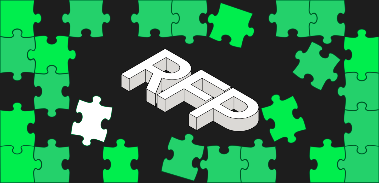 Grafika przedstawiająca napis ‘RFP’ w stylu 3D na tle puzzli w różnych odcieniach zieleni. Okładka artykułu poświęconego tematyce tworzenia zapytań ofertowych (RFP) na wdrożenie nowego systemu zarządzania treścią (CMS). Artykuł omawia kluczowe wymagania w procesie RFP, w tym funkcjonalności CMS, zarządzanie treścią, integracje i harmonogram projektu. Dedykowany firmom poszukującym przyszłościowych i elastycznych rozwiązań dla stron internetowych i sklepów internetowych. Uruchomienie CMS - rekomendacji oferenta i podwykonawców. RFP a prawo zamówień publicznych