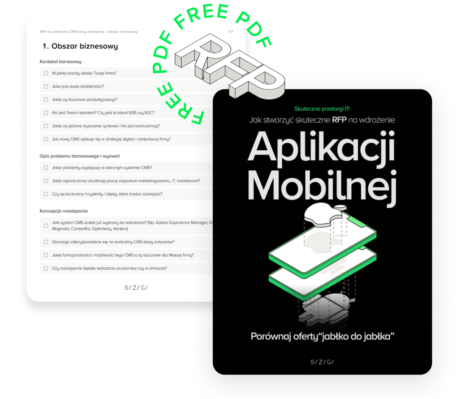 Okładka bezpłatnego PDF-a: ‘Jak stworzyć skuteczne RFP na wdrożenie aplikacji mobilnej’. W tle fragment checklisty dotyczącej obszaru biznesowego. Hasło przewodnie: ‘Porównaj oferty jabłko do jabłka’.