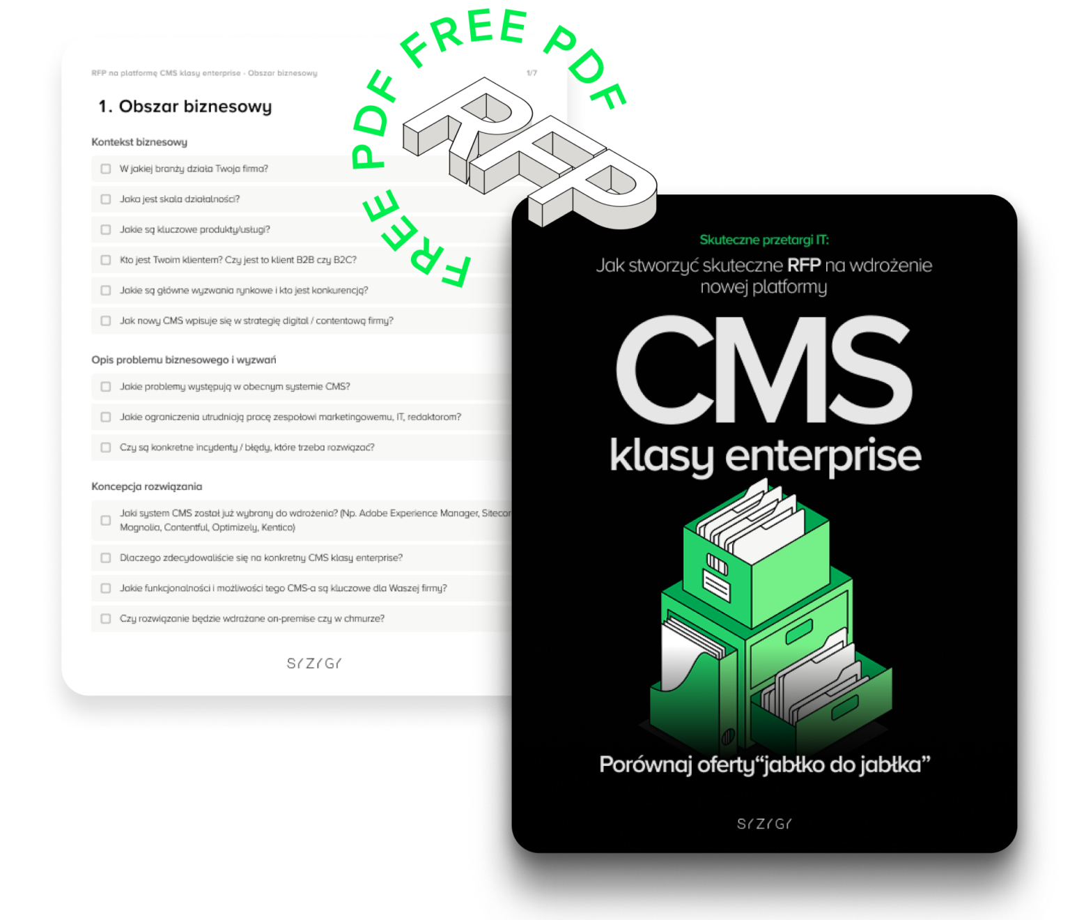 Grafika przedstawia darmowy szablon RFP dla systemów CMS klasy enterprise. Na pierwszym planie znajduje się czarna okładka dokumentu z tytułem „CMS klasy enterprise” i hasłem „Porównaj oferty ‘jabłko do jabłka’”. Na okładce widoczna jest ilustracja zielonej szafki na dokumenty. W tle częściowo pokazana jest pierwsza strona szablonu RFP z pytaniami dotyczącymi kontekstu biznesowego, problemów i koncepcji rozwiązania. Dookoła dokumentu znajduje się zielony napis „FREE PDF”.