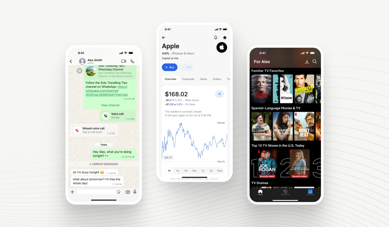 Ekrany aplikacji mobilnych, takich jak WhatsApp, aplikacja giełdowa Apple i Netflix, ilustrujące przykłady aplikacji natywnych. Grafika prezentuje cechy aplikacji natywnych, takie jak płynność działania, dostęp do funkcji urządzenia oraz wysokiej jakości UX. Aplikacje te zostały stworzone specjalnie dla systemów operacyjnych iOS i Android, oferując najlepszą wydajność i doświadczenia użytkownika.