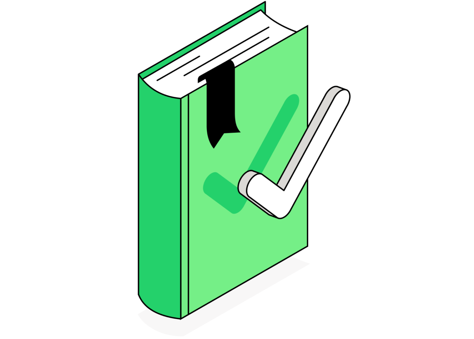 An illustration of a green book with a check symbol that represents the values and standards of a technology partner's work. The graphic refers to the key principles that IT companies follow when deciding to work with a client. It emphasizes the importance of transparency, ethics and alignment with business needs.