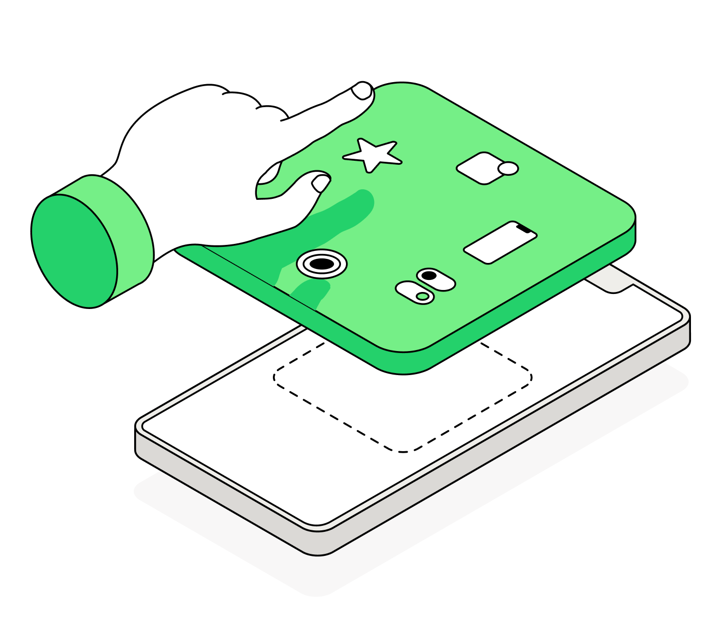 Ilustracja przedstawiająca użytkownika wybierającego kluczowe funkcje aplikacji mobilnej na ekranie telefonu. Grafika symbolizuje proces filtrowania wymagań w RFP, analizę celów marketingowych i określenie benchmarków dla projektu IT. Ilustracja ukazująca schemat architektury systemu z ikonami synchronizacji, ustawień i chmury. Grafika symbolizuje wymagania funkcjonalne aplikacji mobilnej, integrację z zewnętrznymi dostawcami i proces postępowania ofertowego.