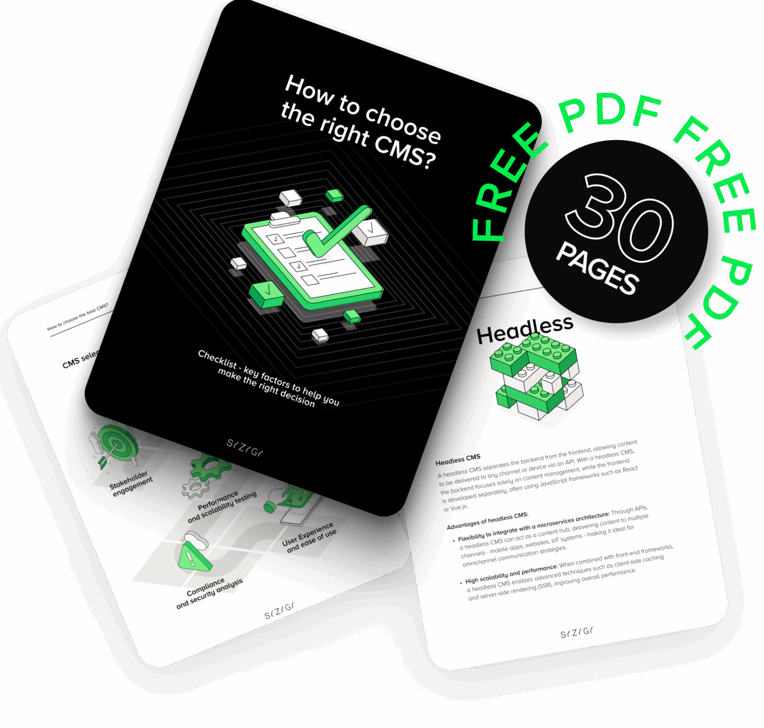 Cover and preview of SYZYGY’s free e-book “How to choose the right CMS?” – a 30-page PDF guide with a practical checklist for selecting a content management system. Includes key insights on headless CMS, performance, security, usability, and scalability – tailored for business and tech decision-makers.