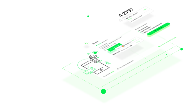 Kompendium wiedzy o Design Systemie - Izometryczna ilustracja przedstawiająca interfejs użytkownika sklepu internetowego. Widoczne są kluczowe elementy UI, takie jak cena produktu, dostępne warianty (kolor, rozmiar), przycisk ‘Dodaj do koszyka’ oraz sekcja rekomendacji. W dolnej części grafiki znajduje się minimalistyczna ikona postaci w skafandrze astronauty, stojącej na tablecie, co symbolizuje intuicyjność i płynność procesu zakupowego. Kolorystyka opiera się na bieli, zieleni i czerni, co podkreśla nowoczesny i czytelny design.